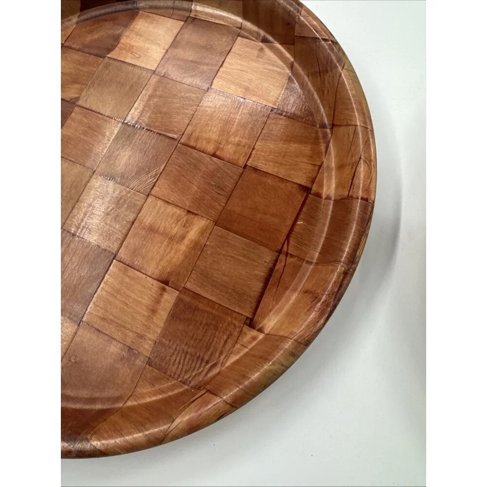 Vintage Parquet Weave Wood Round Serving Platters 2 Large 13” Woven Mid Century